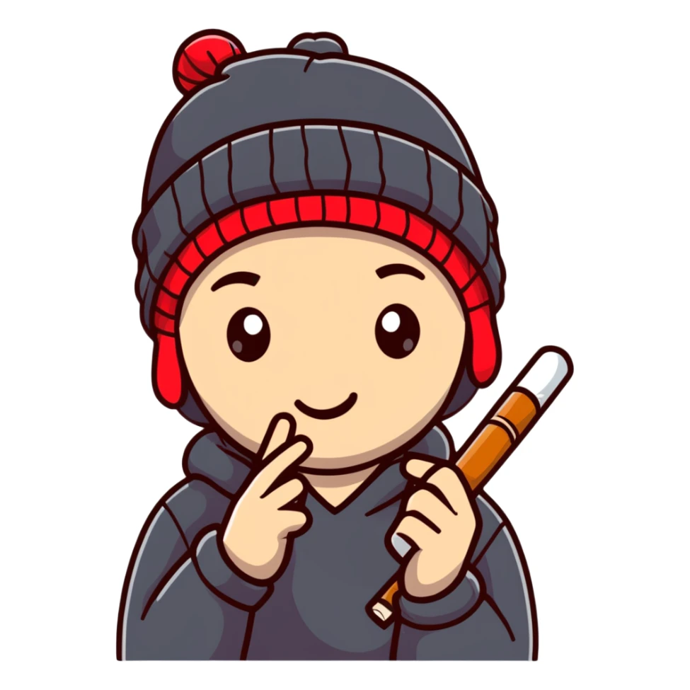 student with beanie, red eyes, holding a joint sticker