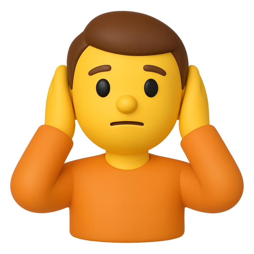 Create a 3D emoji style image of a man covering his ears, matching the pose, color, shirt, and position of the reference image. The style should resemble Microsoft style 3D fluent emojis with a transparent background. sticker