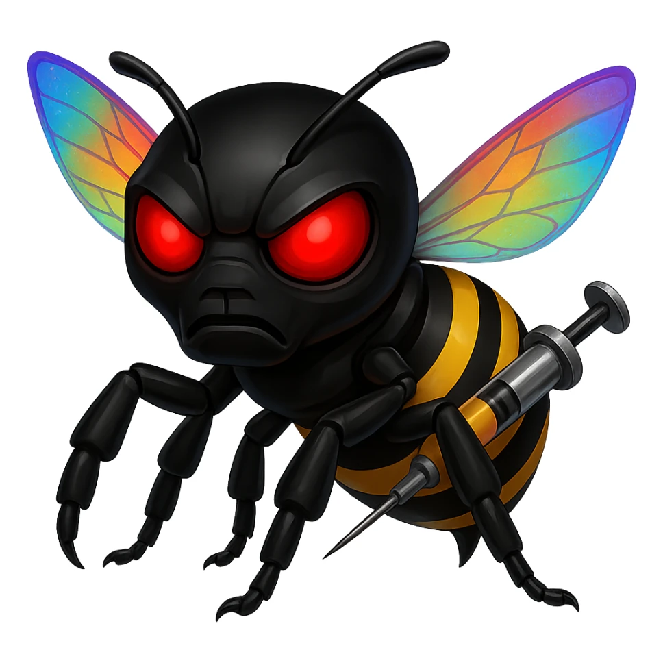Create a menacing robotic bee with a black head and a syringe stinger, featuring rainbow prismatic energy wings. The style should resemble apple style emojis with concise details and vibrant colors. sticker