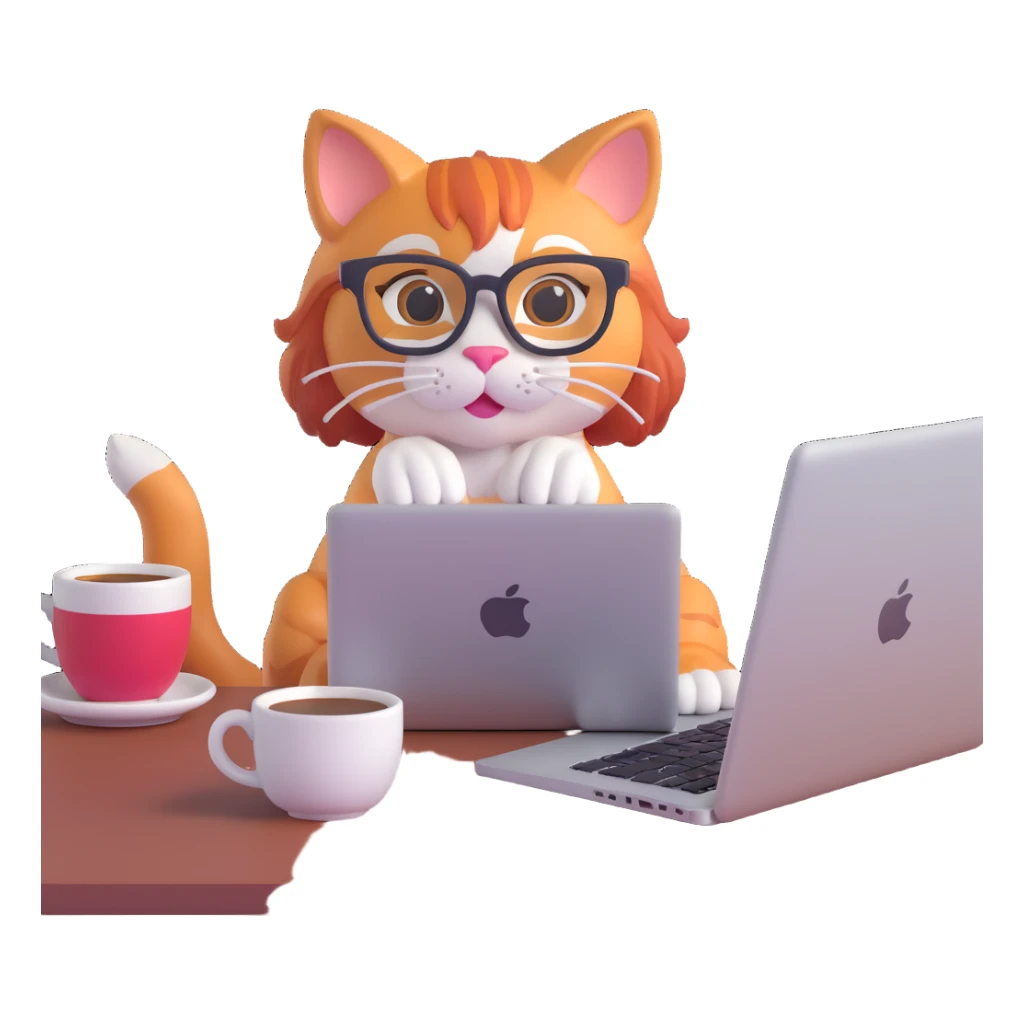 redhead cat with glasses working on a MacBook, surrounded by coffee cups, busy vibe sticker