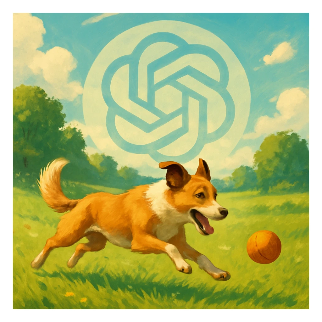 gpt image logo on the background of a dog chasing ball sticker