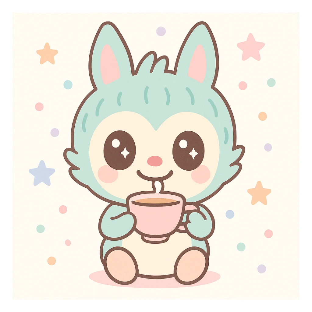 Labubu character drinking tea, cute and whimsical style, soft colors, charming and adorable expression sticker