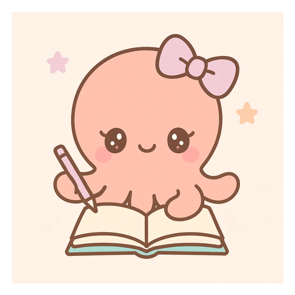 female octopus studying, cute kawaii style sticker