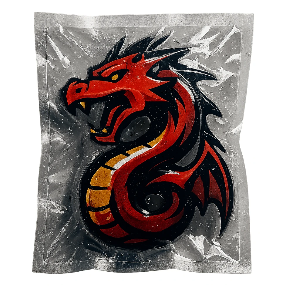 vacuum sealed style dragon, fierce expression, shiny plastic, no text sticker