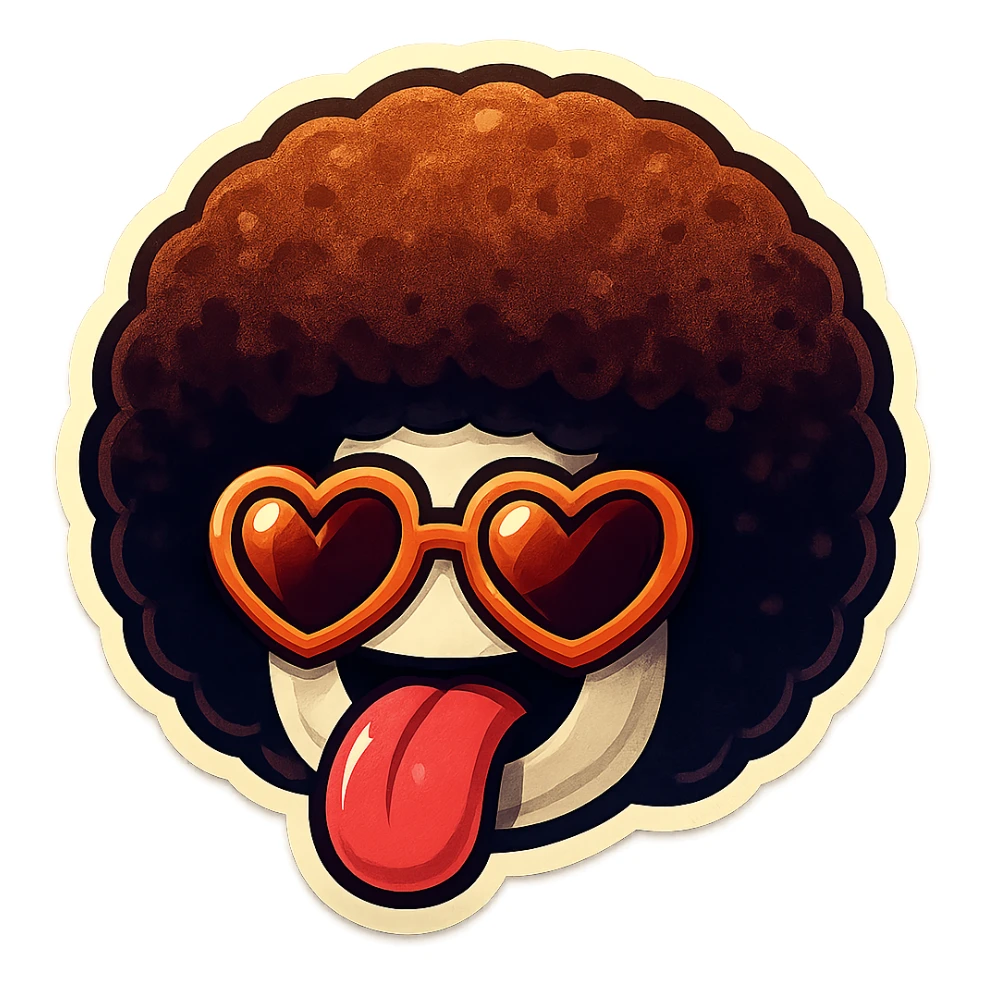 White circle face, afro, heart glasses, big heart eyes, tounge rolled out sticker