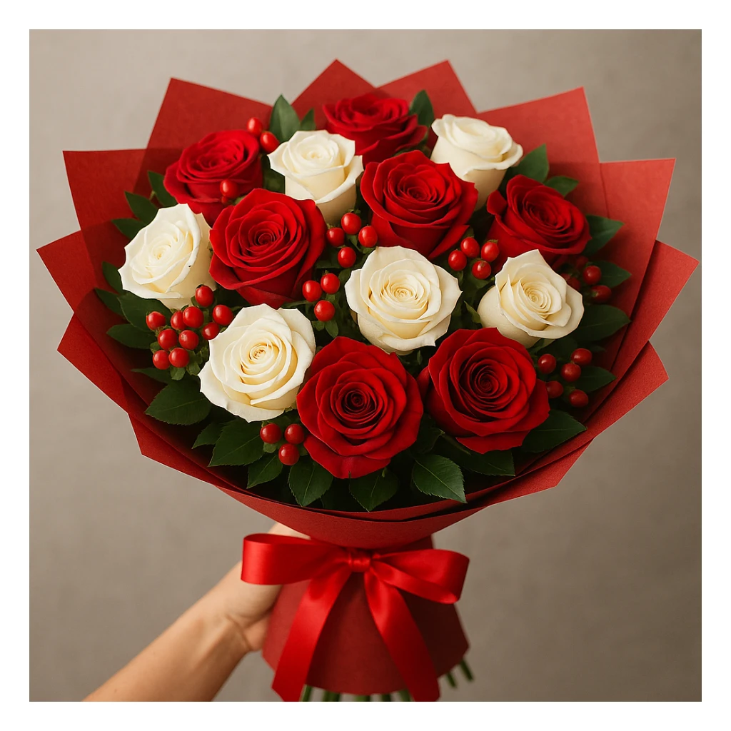 a classic bouquet featuring red and white roses, wrapped in red paper, festive and beautiful sticker