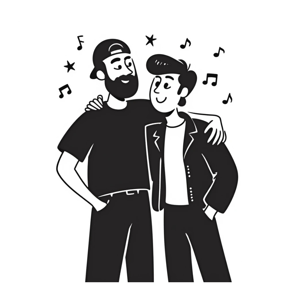 Two male musicians side by side with one arm over the other's shoulder: a 35-year-old with stylized beard, backwards cap, rocker style, and a younger 25-year-old musician, both smiling. Music notes and stars around them. Other band members celebrating in the background. sticker