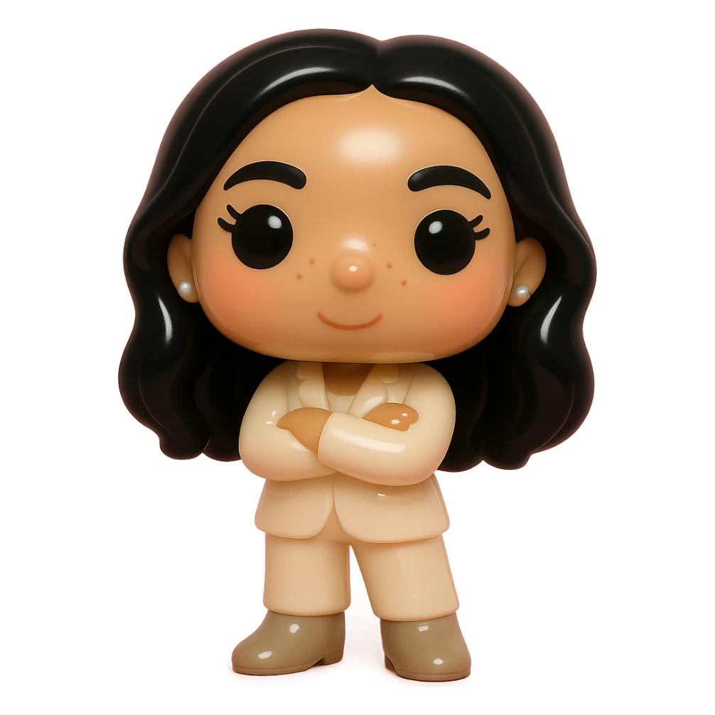 Funko Pop style vinyl figure with ultra high definition: luminous smooth tanned skin, extremely detailed dark hair, hyper-textured feminine cream suit (jacket and pants), small pearly earrings, greige leather boots clearly visible, arms crossed, rosy cheeks, very discreet freckles, eyelashes, mischievous and cheerful expression, no mouth, transparent background. sticker