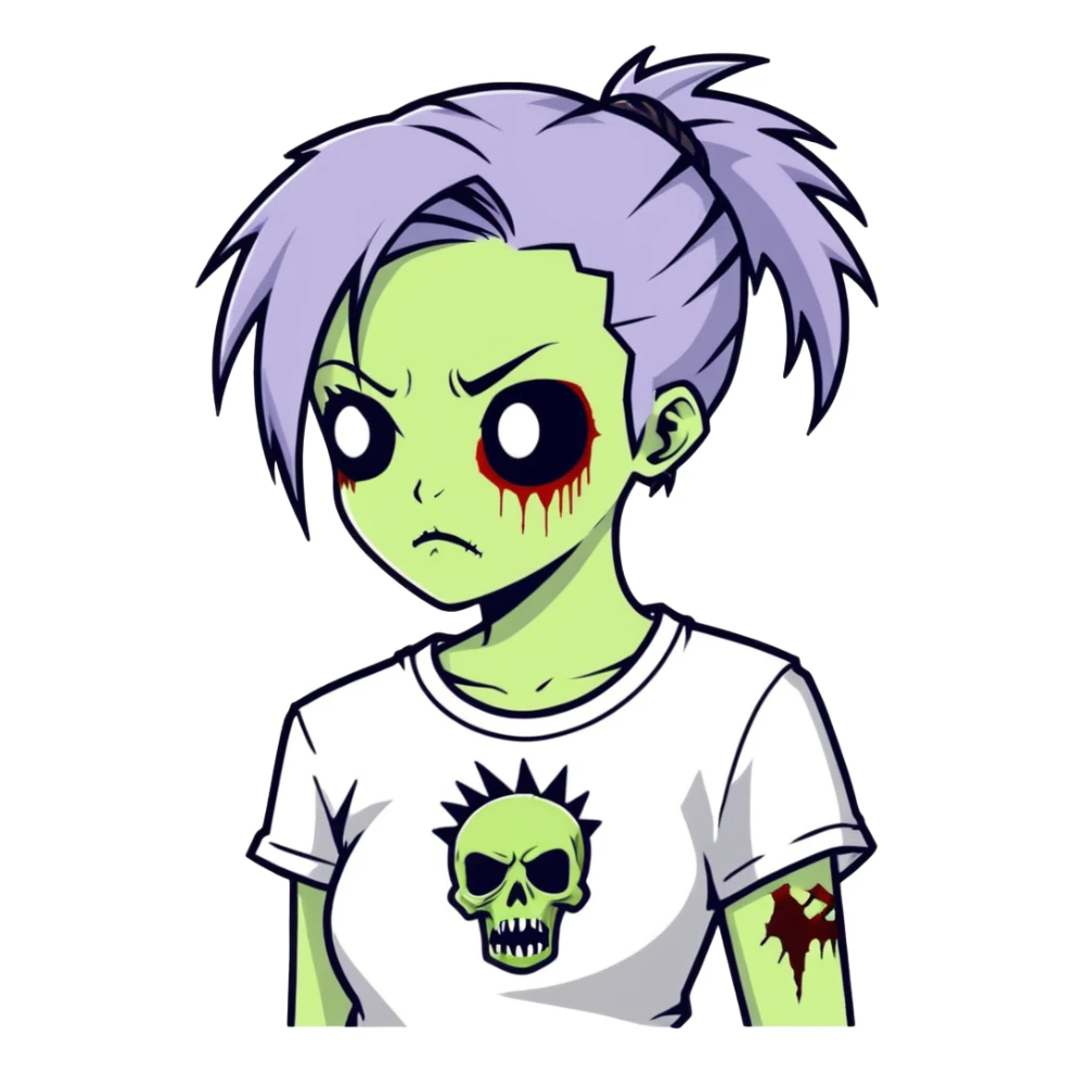 zombie girl with spiky ponytail emo hair and white tee shirt  sticker
