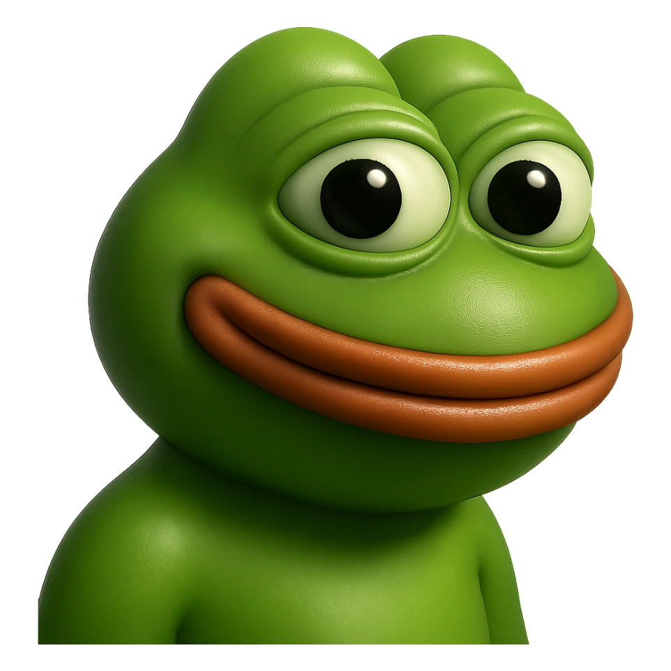 pepe in
- 3d style
- bright green
- smiling
- looking straight at the camera
- good highlights and shadows
- 30deg angled towards the right sticker