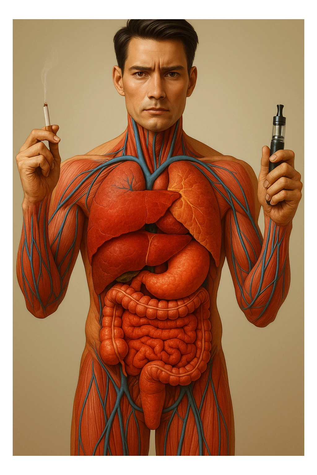 Create an identical copy in vertical 9:16 format: hyperrealistic medical illustration 4K, realistic human anatomical body, inflamed liver and intestines highlighted, man holding a lit cigarette in the right hand and an electronic cigarette in the left, style identical to the reference image. sticker