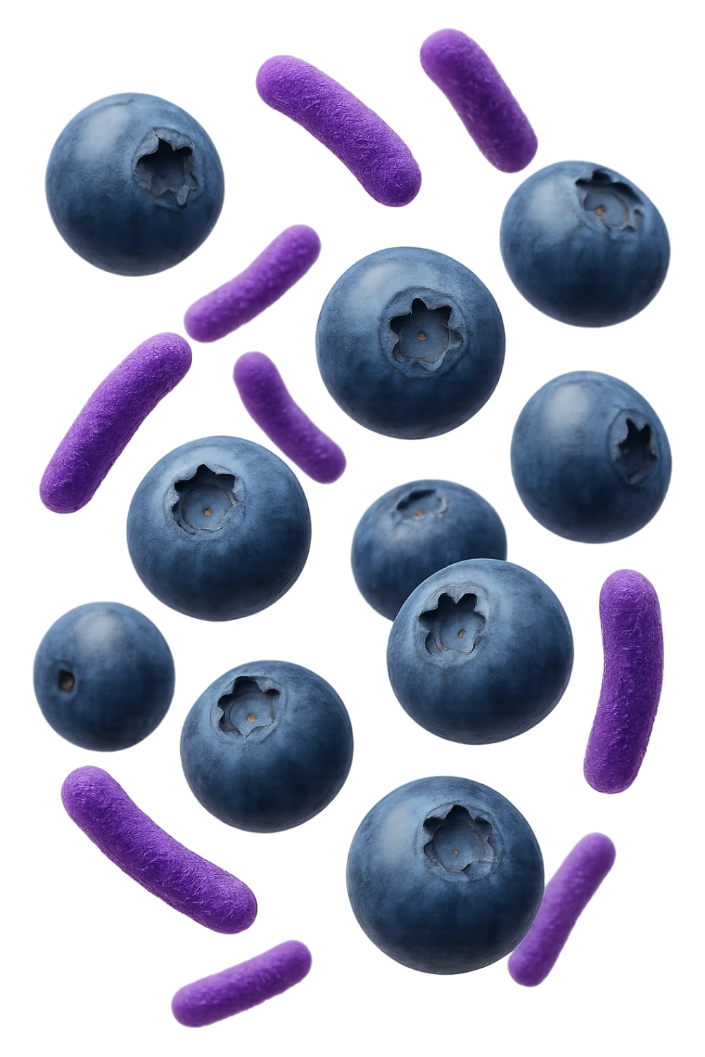 mirtilli fluttuano in aria insieme a 6 batteri intestinali viola, iperrealistico 4k sticker