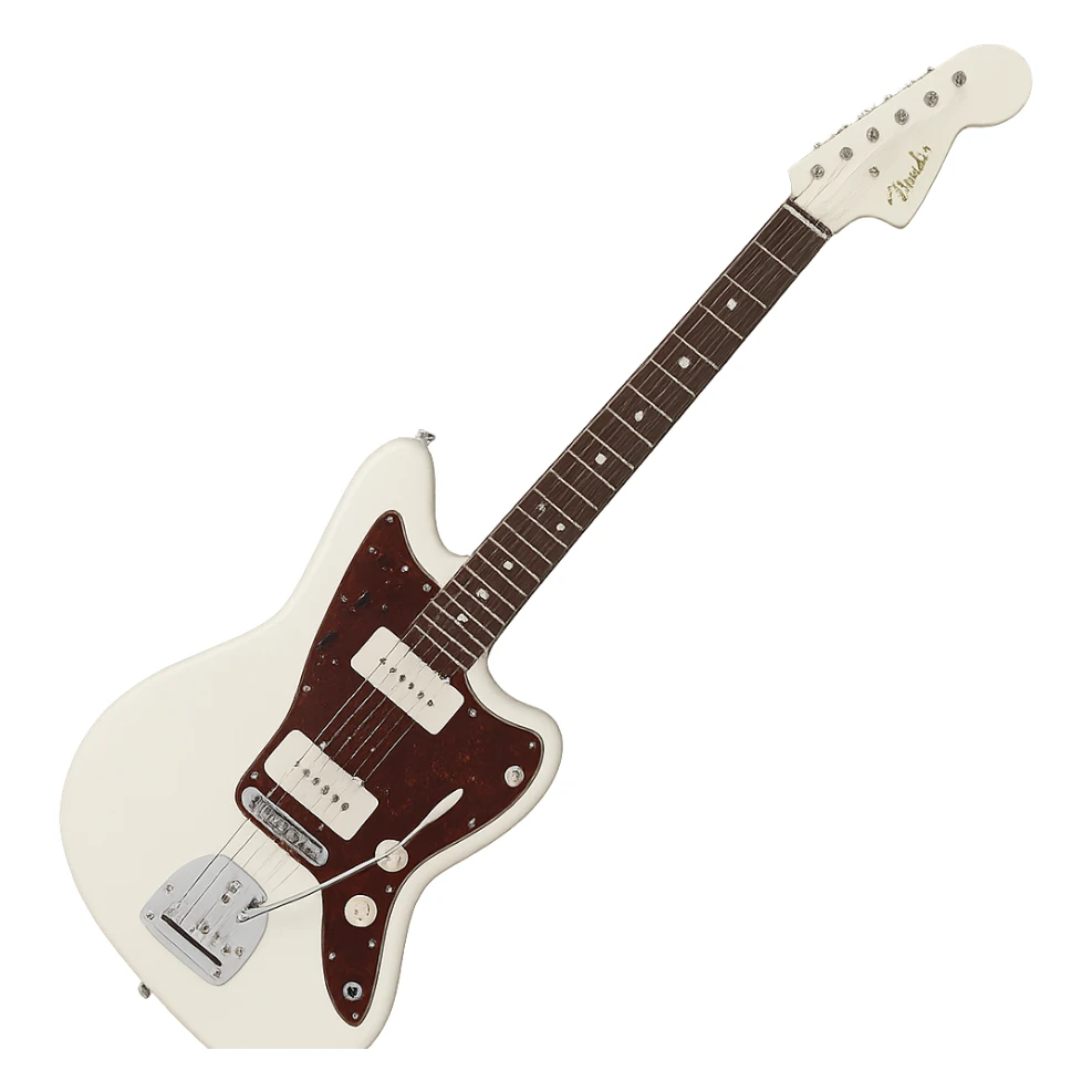 Olympic White Fender Jazzmaster guitar with classic tremolo bar sticker