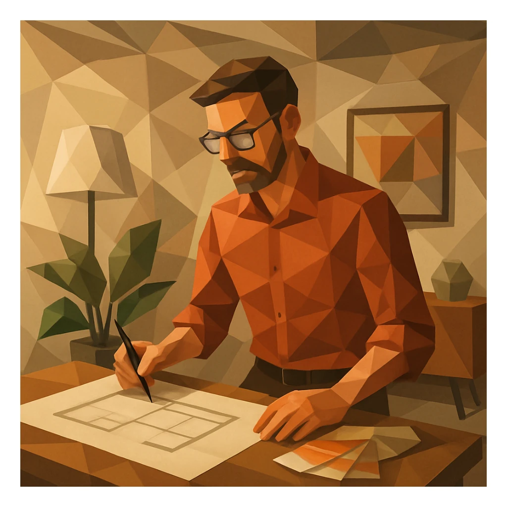 polygonal style interior designer in a geometric, low-poly room sticker