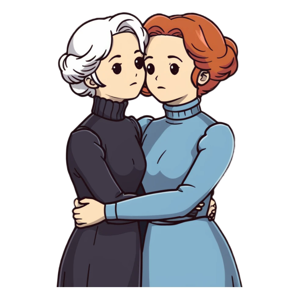 Two Victorian women with grey eyes in a sad, intimate hug. One has bright white coiffed hair, one has dark copper coiffed hair. Both wearing Victorian turtleneck dresses with arms tightly around each other. sticker