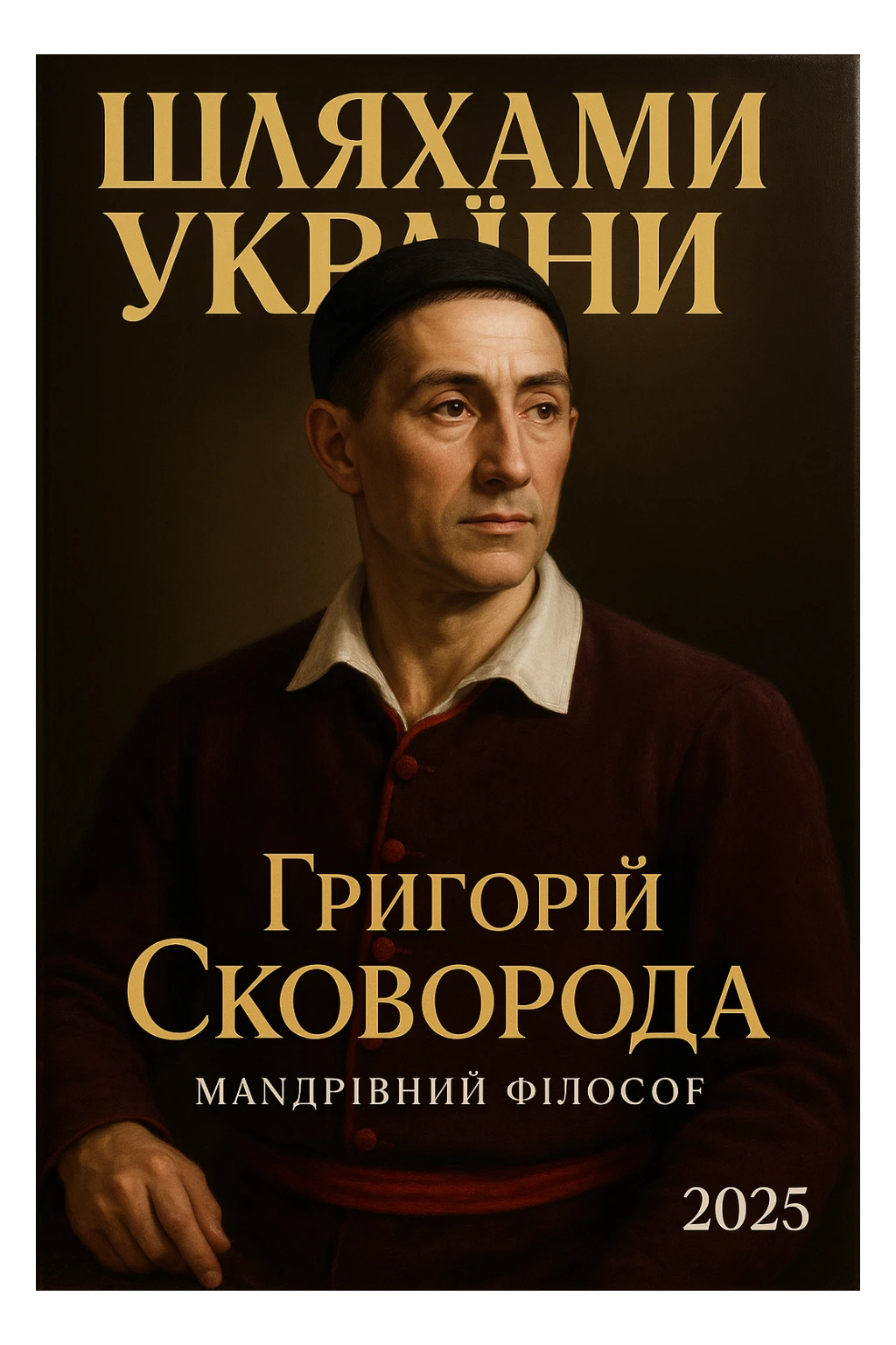Create a glamorous, ultra-realistic magazine cover titled "Шляхами України".
The cover features Princess Olga from the downloaded image.
The cover design should be bright with elegant typography.
Add the title: "Григорій Сковорода", the subtitle: "Мандрівний філософ", and the release date: "2025".
Include additional subheadings and a well-thought-out layout.
Premium lighting, dramatic shadows, rich colour correction, glossy paper texture, minimalist background, focus on the character and typography in the spirit of glossy publications. sticker