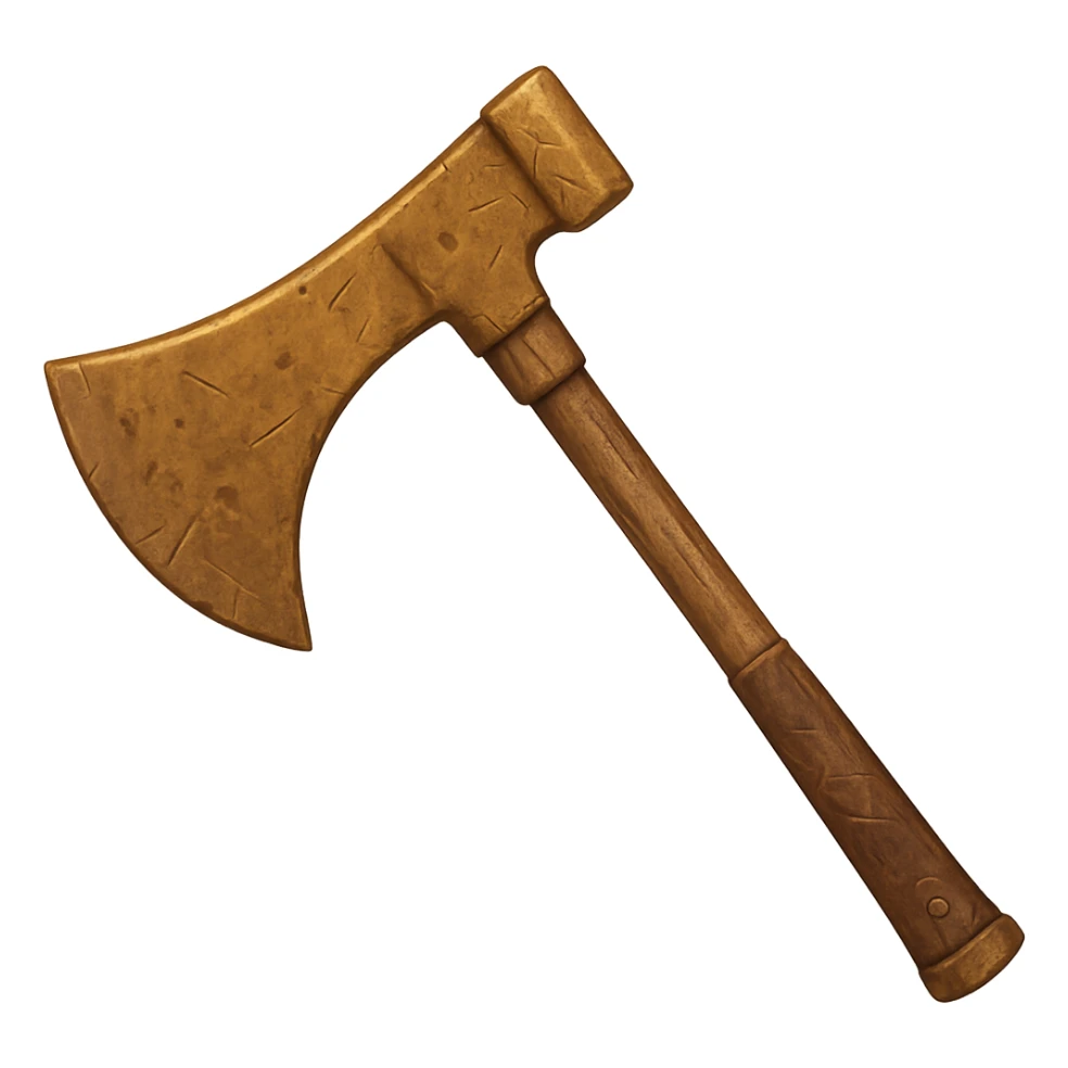 Transform this steel axe into a bronze axe, worn and used, with scratches and dents, in the style of emoji style with transparent background. sticker