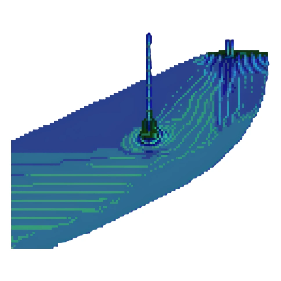 Hydroacoustic map showing radio waves from a ship on the water surface scanning down to the seabed sticker