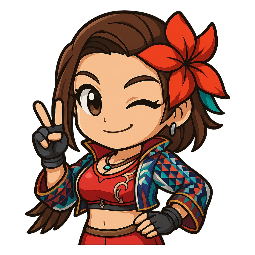 Azucena from Tekken 8 in chibi sticker style, winking and giving a peace sign, wearing the detailed red and patterned outfit from the reference images, designed for Twitch emote use. sticker