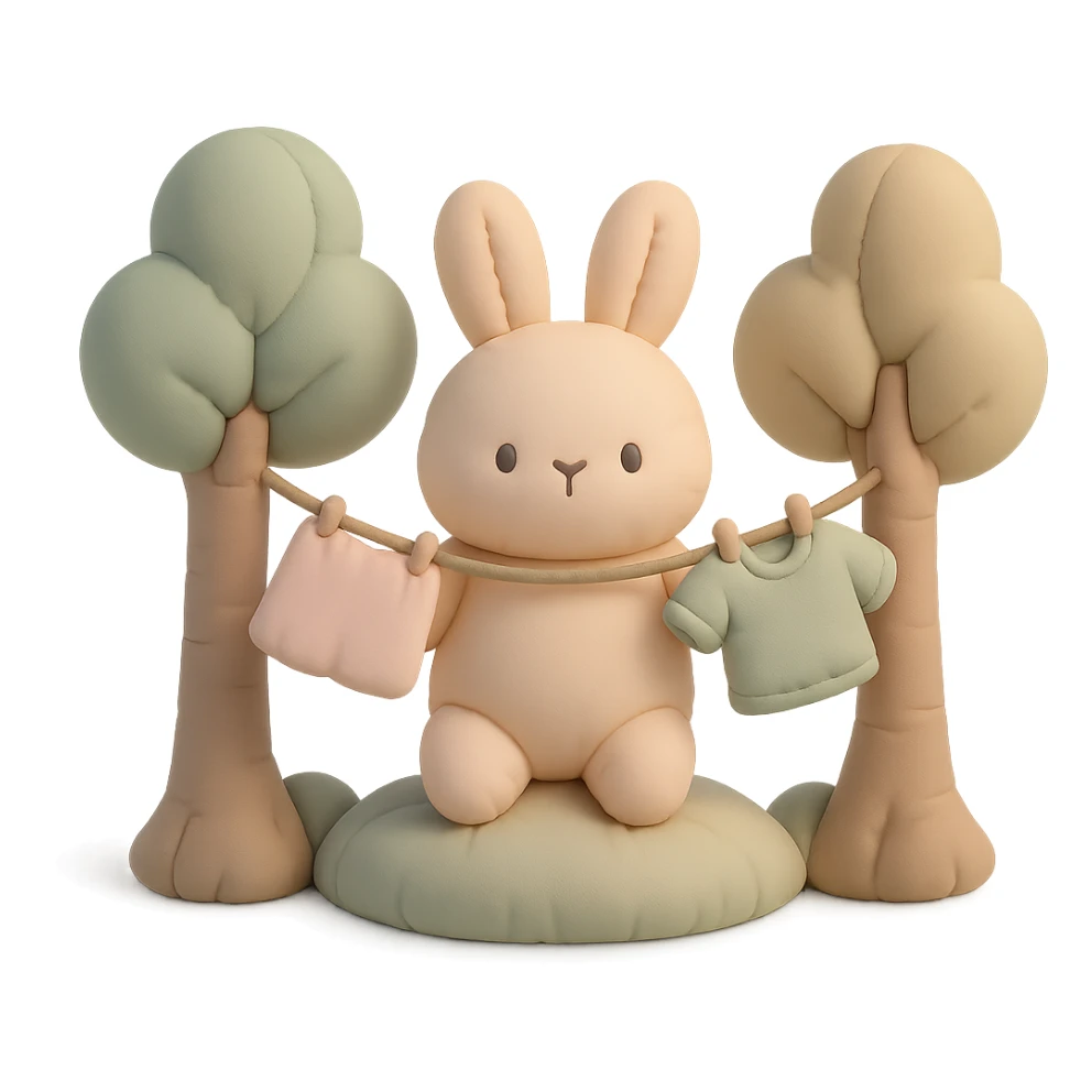 a bunny hanging laundry between trees, calming domestic forest feel, soft pastel colors, cushion style sticker