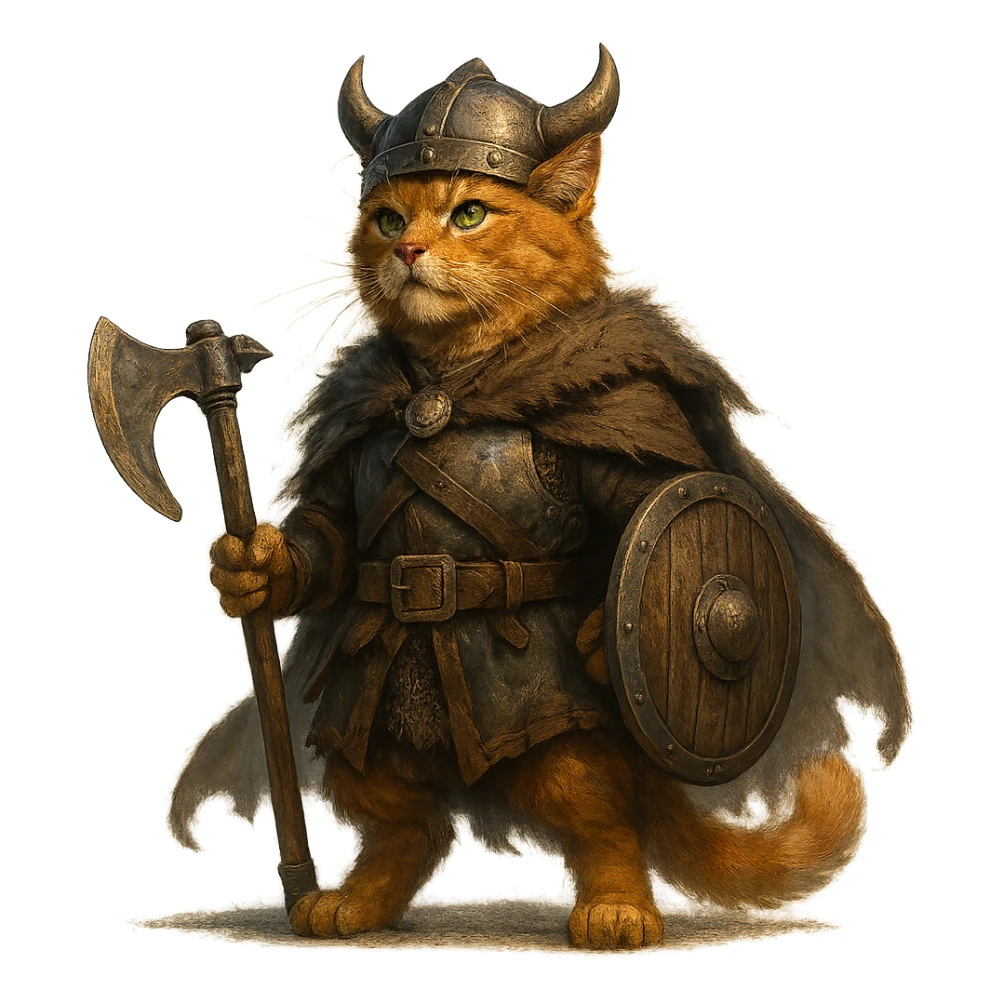 valorous ginger cat Viking, Valhalla, heroic pose, Norse mythology atmosphere sticker