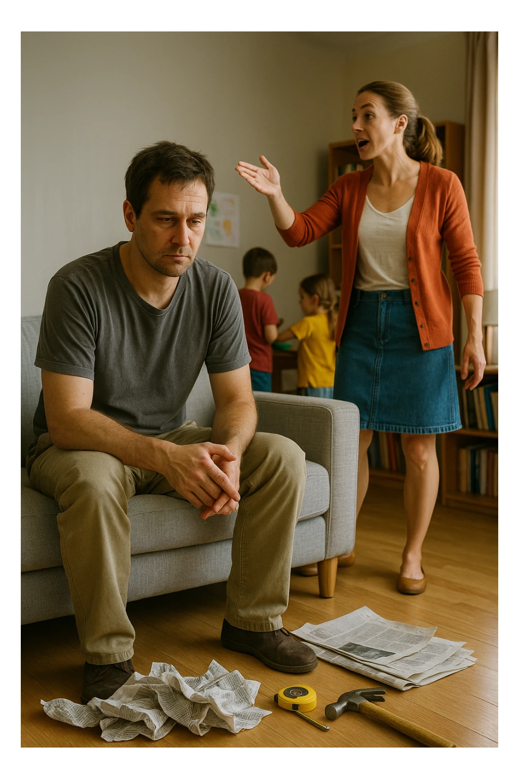 Uomo tra i 35 e i 45 anni, seduto in disparte sul divano con sguardo spento e postura chiusa, mentre la moglie, in piedi, gesticola con decisione e dirige la scena familiare (dando ordini ai figli o organizzando la casa). Intorno, simboli visivi della perdita di ruolo maschile: giornali accartocciati, strumenti da lavoro inutilizzati, l’uomo con vestiti trasandati o troppo neutri. La donna appare energica, determinata, mentre lui è passivo e disconnesso. Atmosfera domestica fredda o neutra. Colori sbiaditi attorno all’uomo, più vividi attorno alla donna. Stile realistico con tono simbolico. sticker