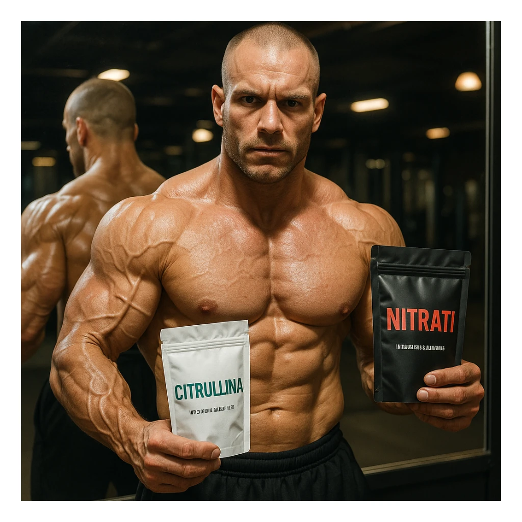 athletic bodybuilder in front of gym mirror, visible veins on arms and shoulders, holding Citrulline and Nitrates packages with Italian labels, reflection emphasizing vasodilation, intense light, motivating atmosphere, realistic details sticker