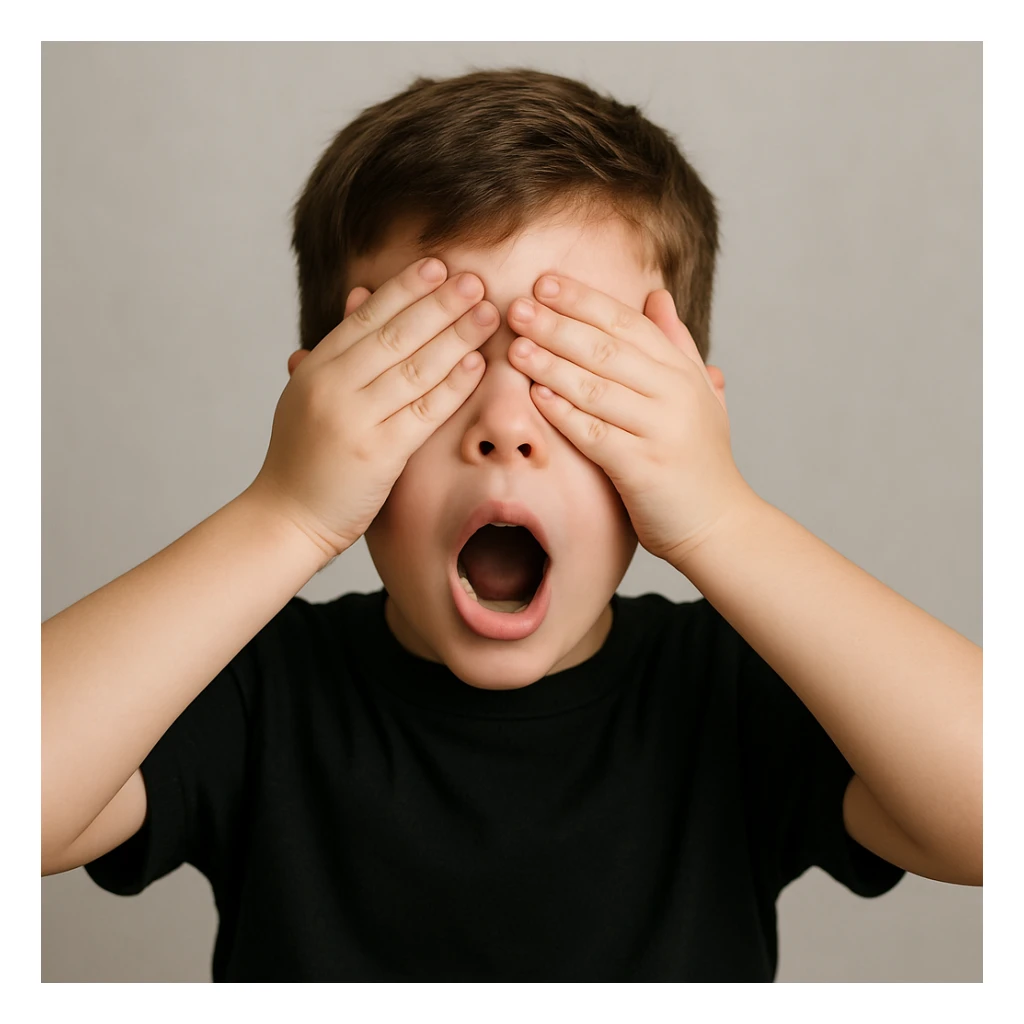 front image of a white boy with brown hair, surprised expression, hands covering his eyes, black shirt, front view sticker