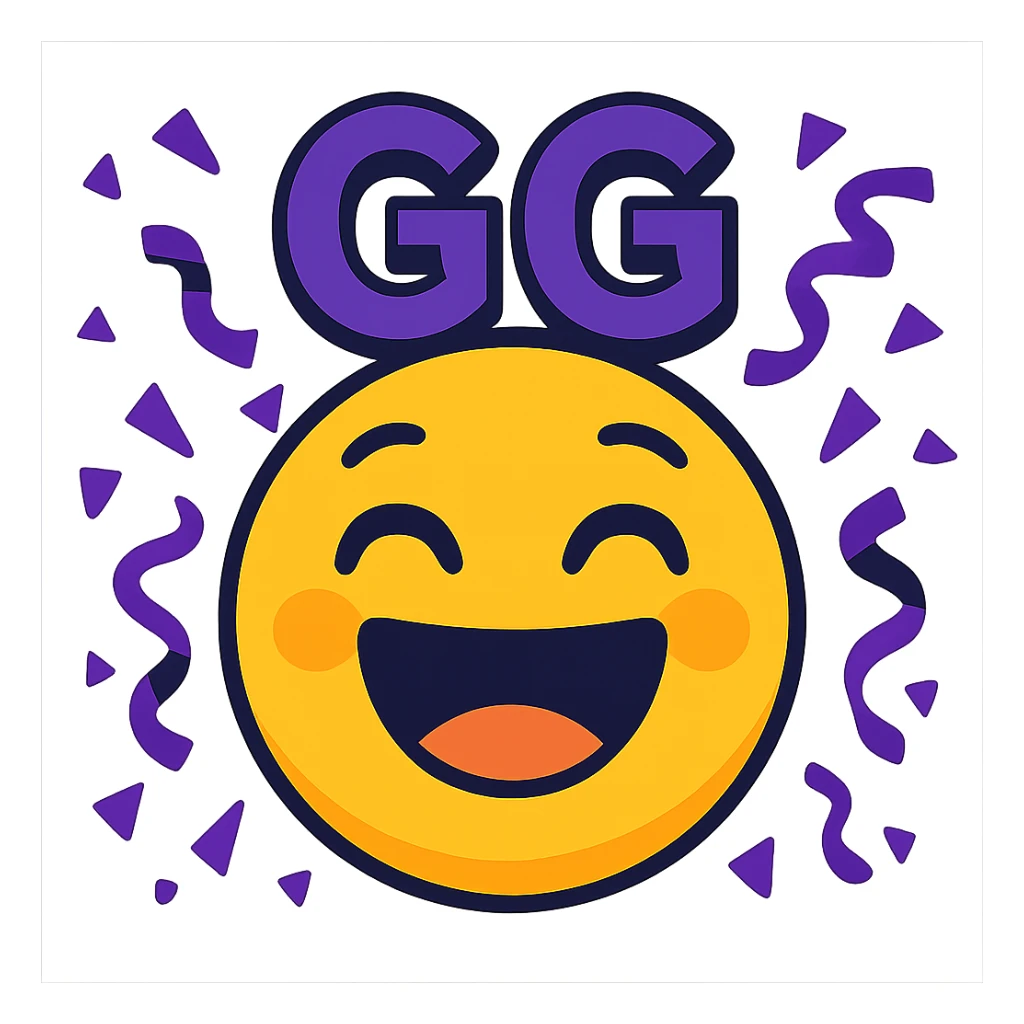 A celebratory emoji with purple confetti and the text 'GG', festive and bright sticker