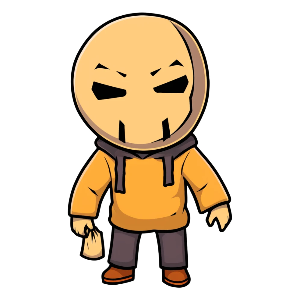 horror character with torn burlap sack mask, full body, spooky, ominous posture sticker