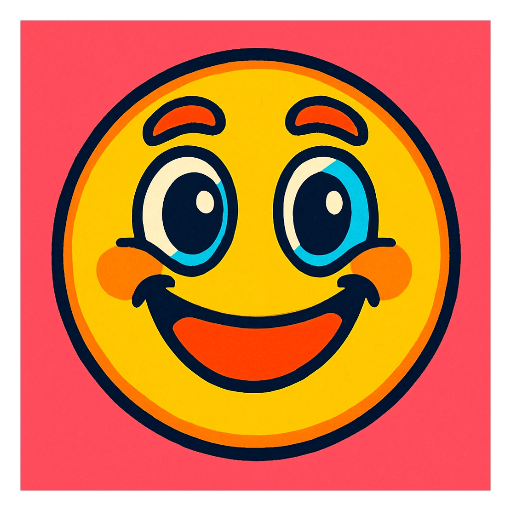 a smiling face emoji in a unique, creative 2D illustration style, vibrant colors, playful expression sticker