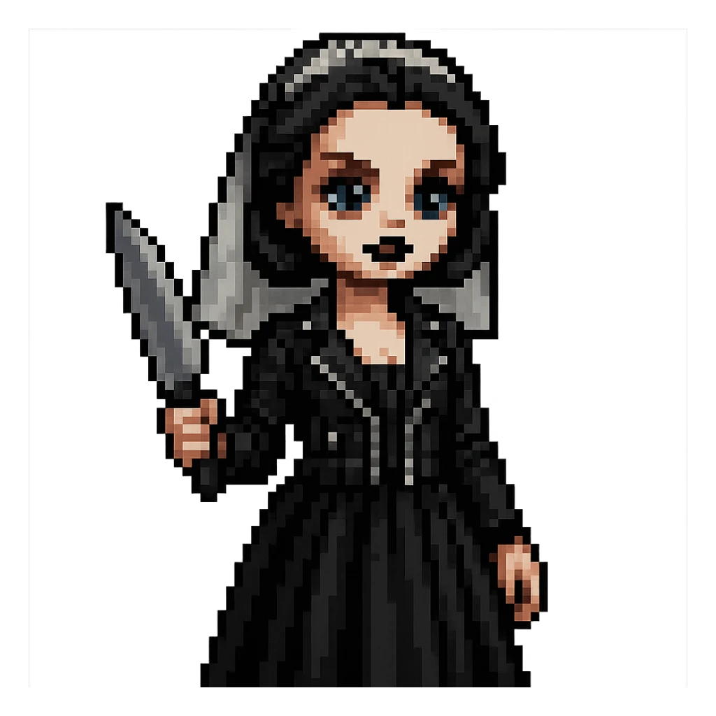 Make Chucky’s bride doll hold a knife, keep her in a black dress and leather jacket with dark makeup, pixel art style sticker