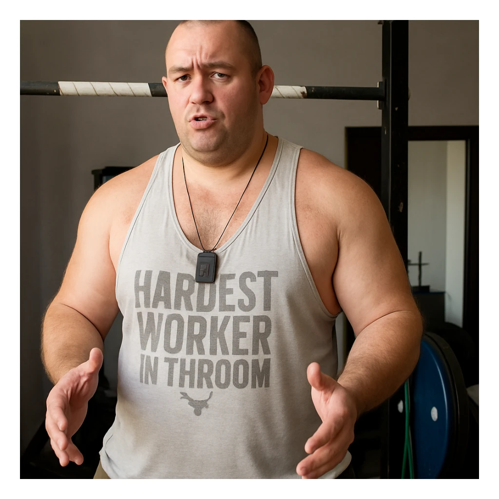 Create a realistic version of the man in the reference photo with a muscular physique but visible body fat, maintaining the original pose and expression. sticker