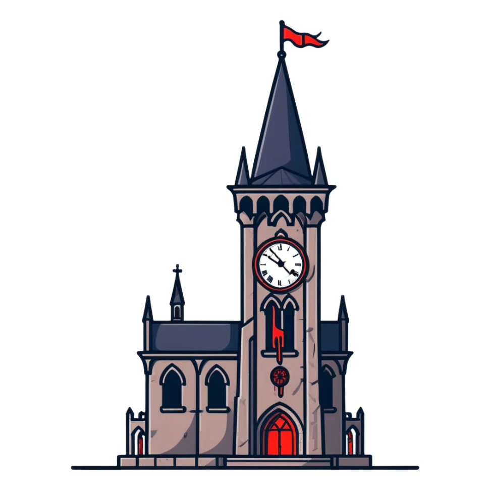 Gothic clocktower with blood running down its stone walls, creepy atmosphere sticker