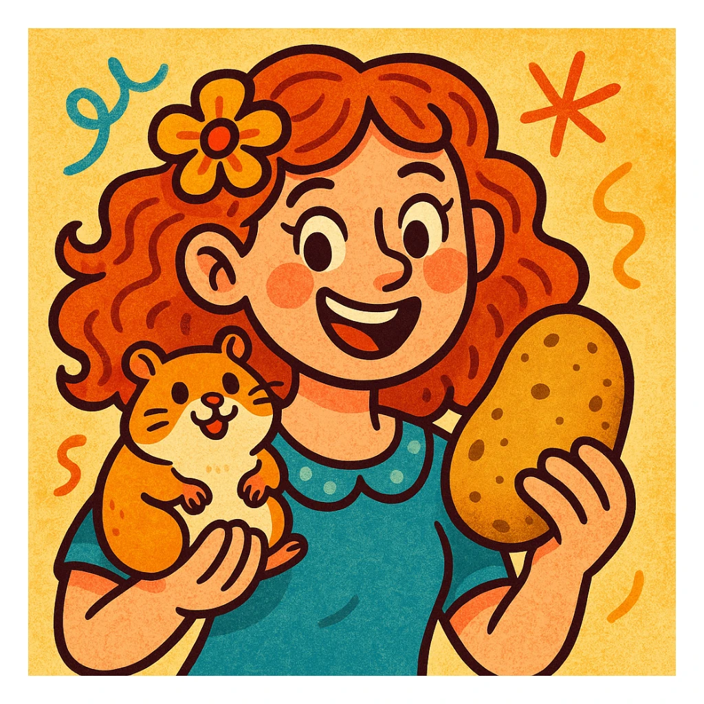 a woman with a hamster and a potato, playful illustration sticker