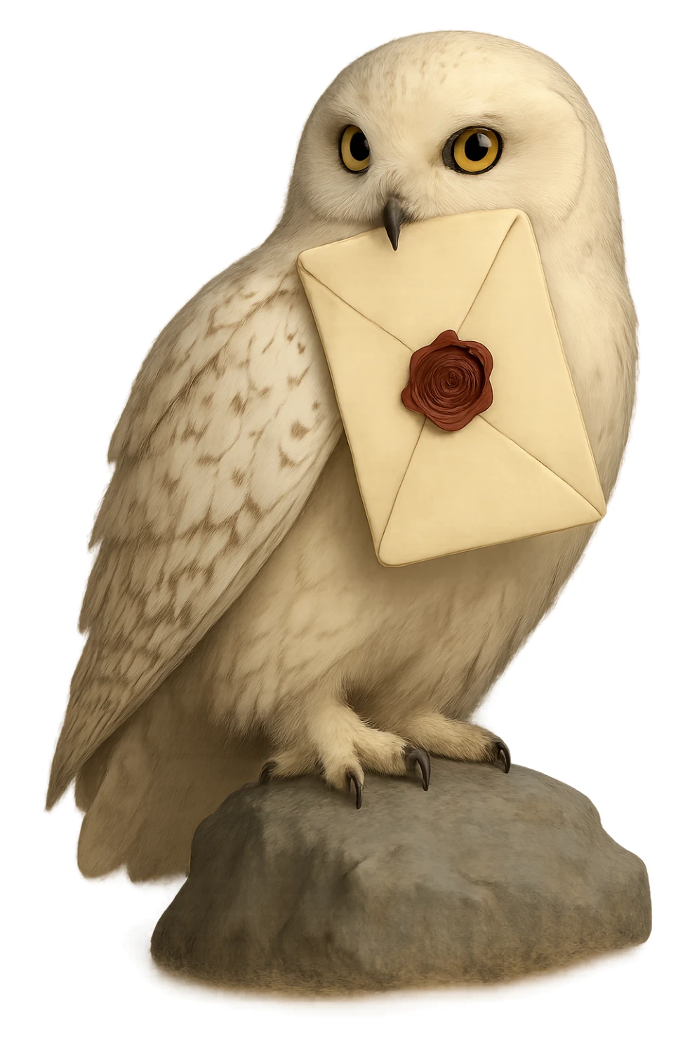 Create a realistic style image of the same owl holding a Hogwarts letter in its beak. The image should have no outlines, with clear shadows and highlights, soft lighting, and no background. sticker