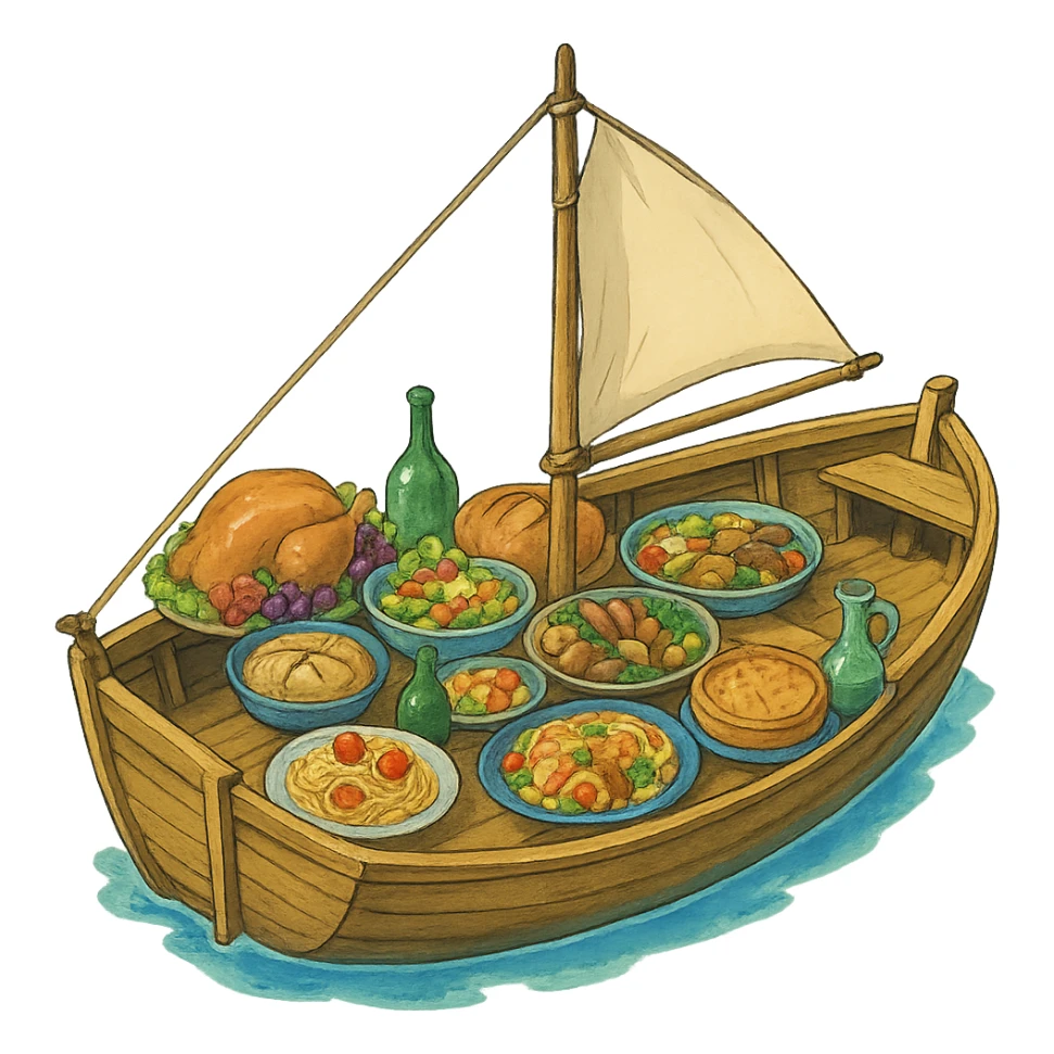 ghibli style illustration of a boat with a feast on board sticker