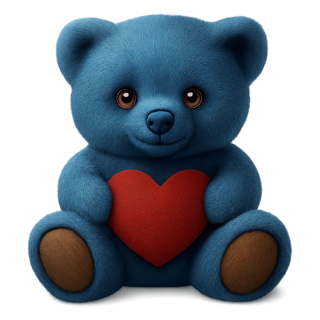 Change the teddy bear's fur to a realistic blue color, keep soft lighting and transparent background. The style should maintain a realistic and soft lighting look. sticker