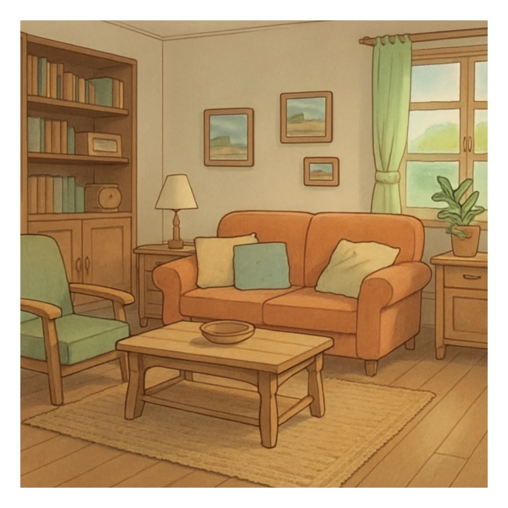 ghibli style planned furniture, soft colors, cozy atmosphere sticker