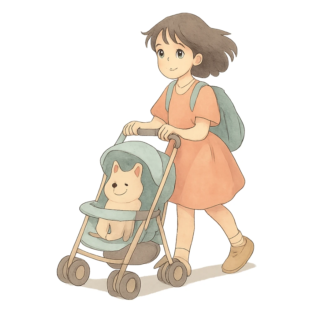 girl walking a dog in a stroller with soft colors sticker