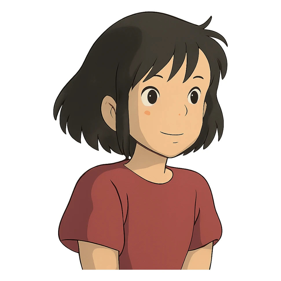 a girl with black hair, ghibli-inspired style sticker