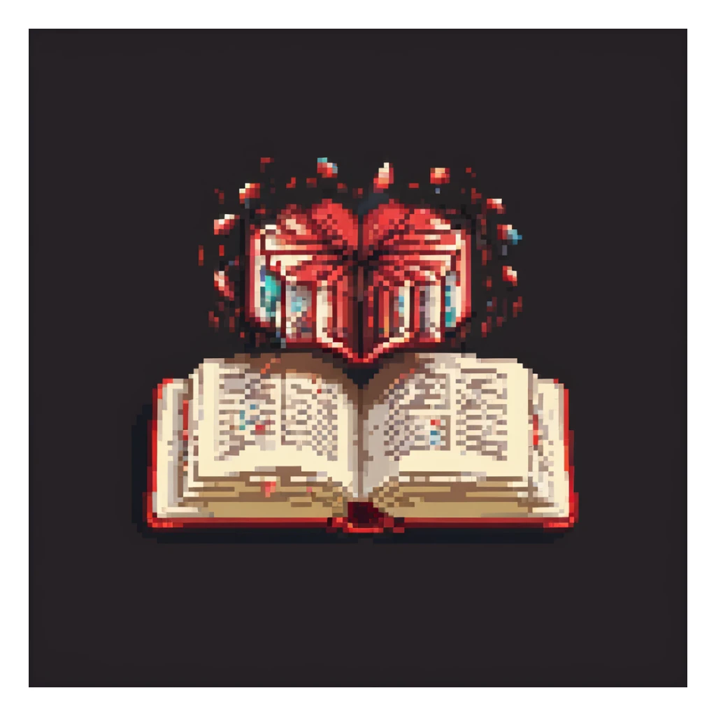 floating red book, opened with magical glowing pages, pixel art style, dark background sticker