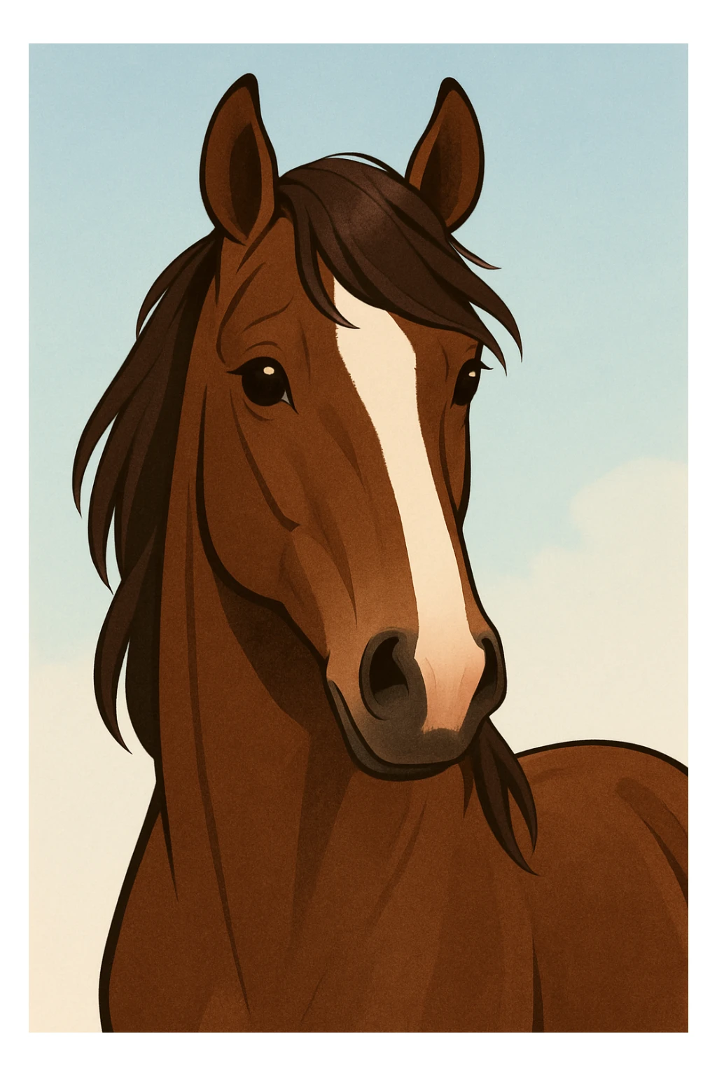 brown horse with chocolate mane and a long white stripe on its muzzle, clean appealing style sticker