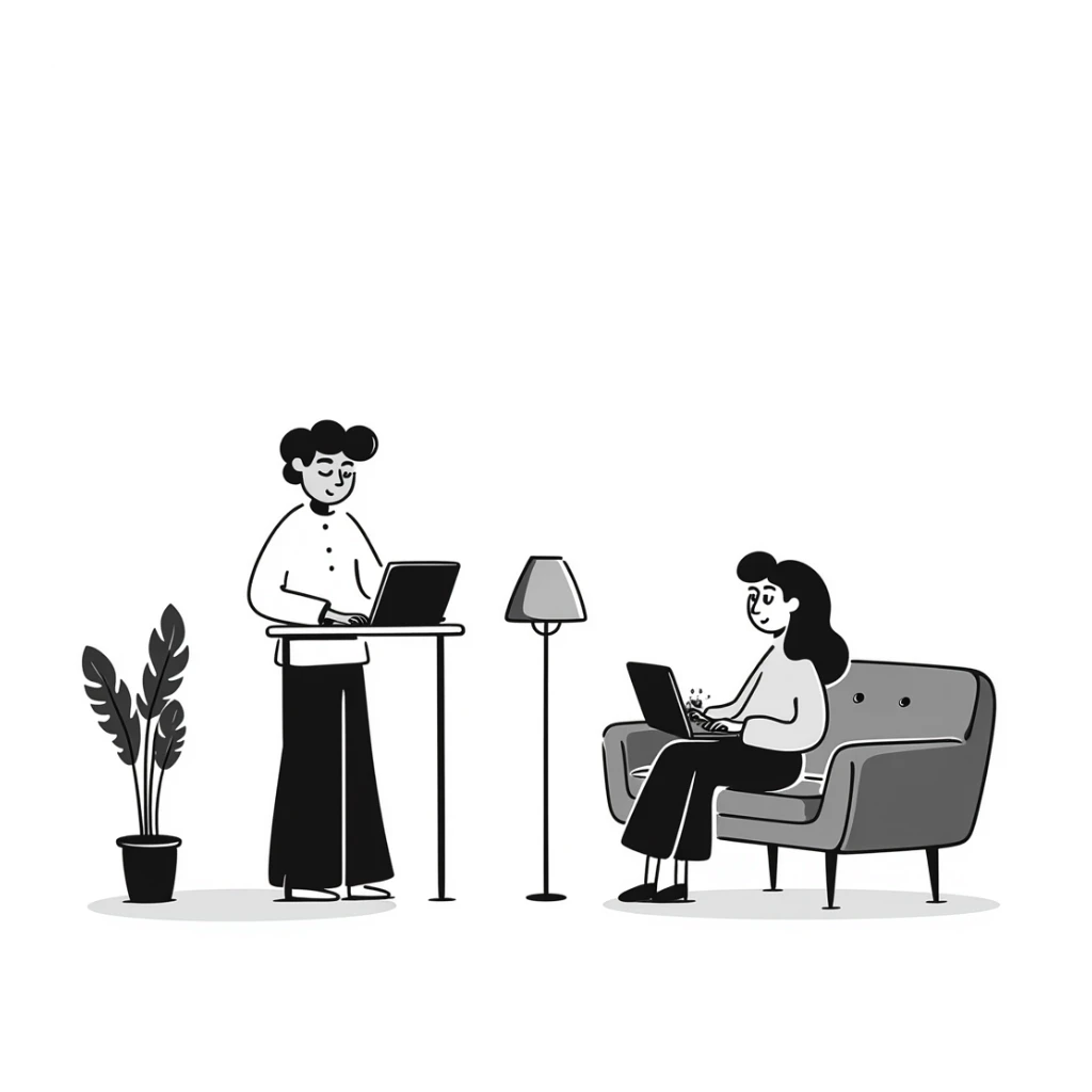 escenary 3d of a cozy mid-century living room with two people working on laptops, one man standing at a desk and one woman sitting on a couch, two walls and floor visible sticker