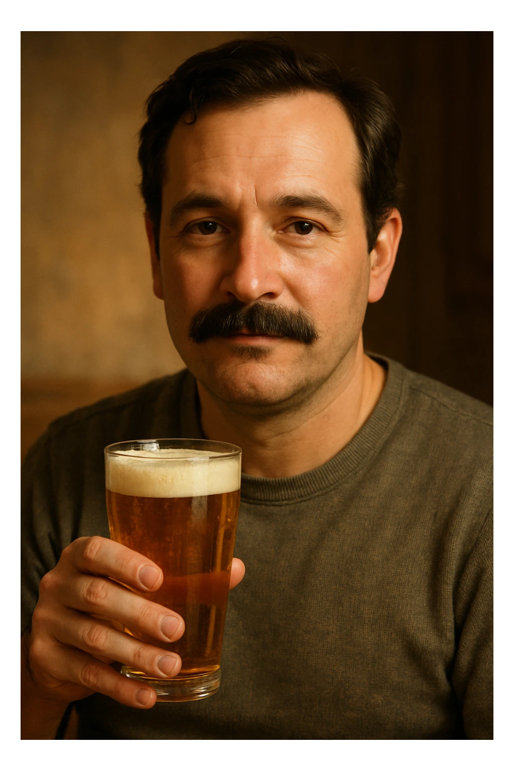 A man with a mustache holding a glass of beer sticker