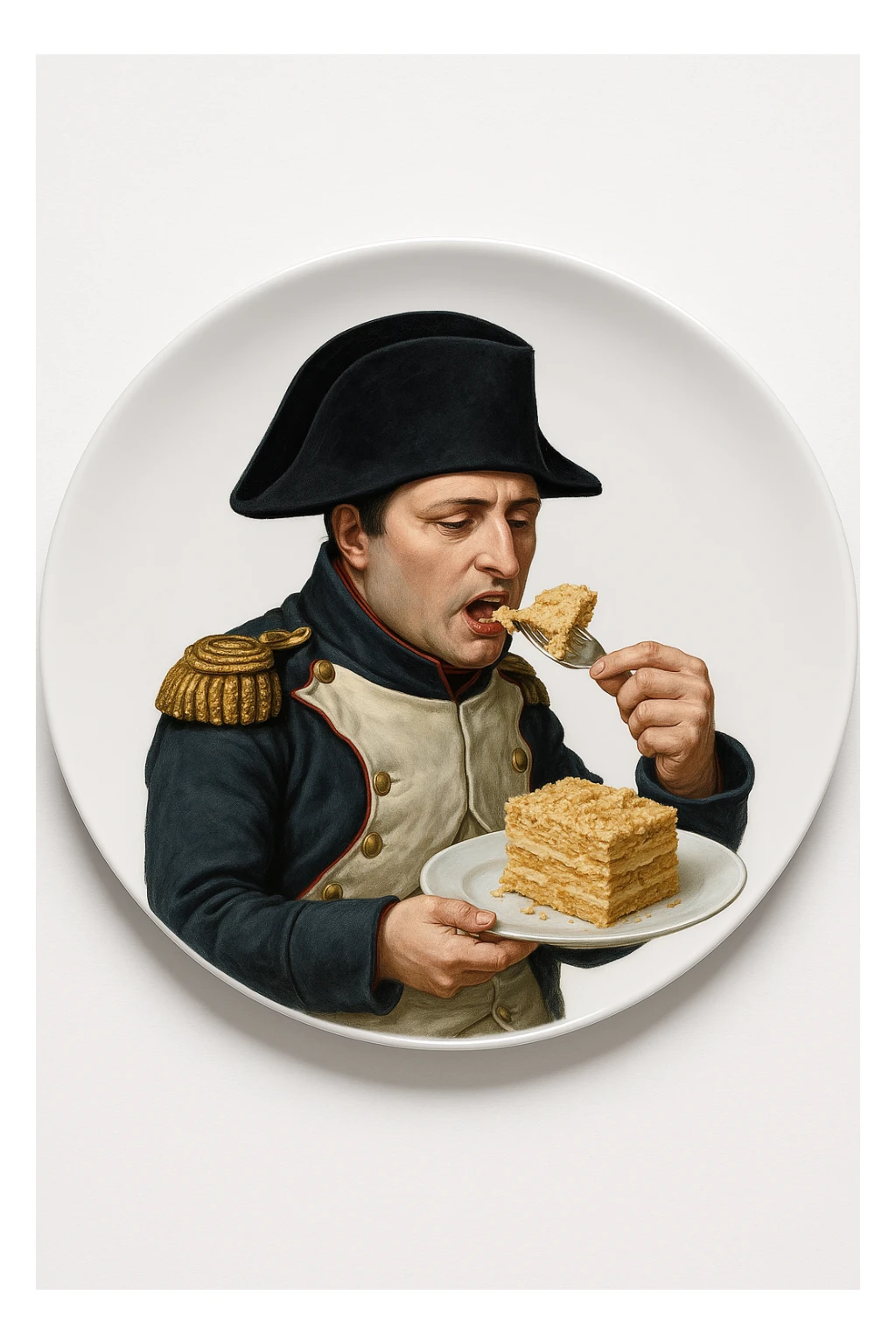 Сгенерируй мне такую тарелку, на которой лежит наполеон бонапарт, и кладет себе в рот кусочек торта наполеон. Вид сверху sticker