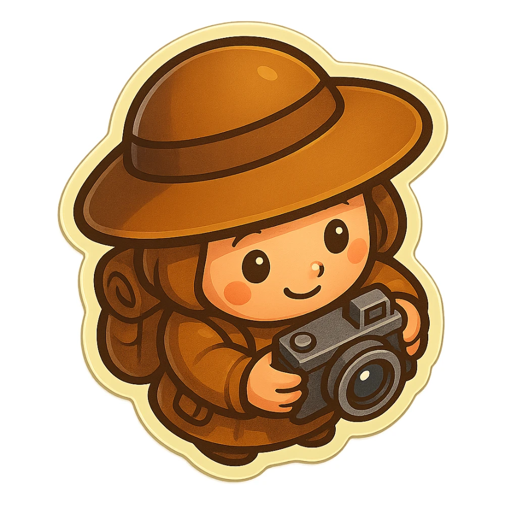 A small, funny medieval pilgrim with a camera, seen from above, in retro stickers style, with a transparent background. sticker