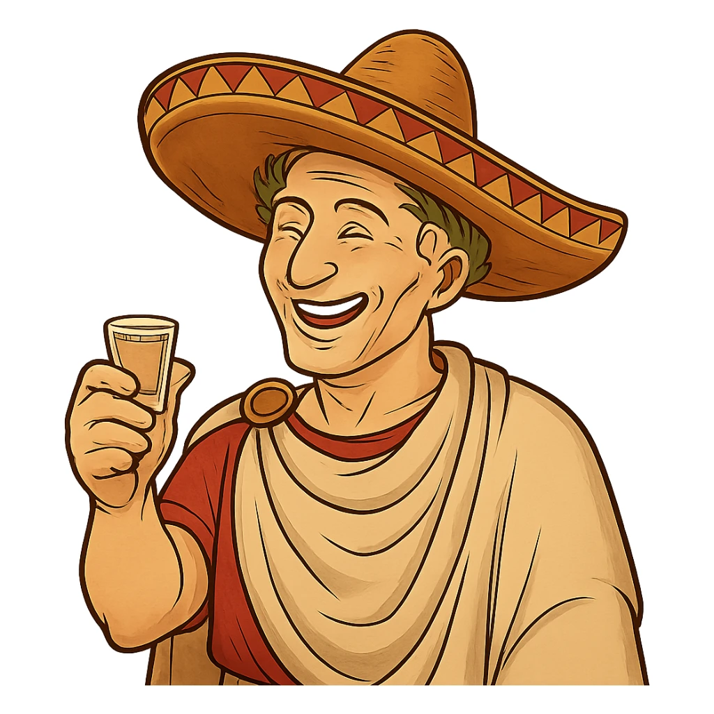 Используя такую стилистику сгенерируй довольного Императора Цезаря с мексиканской шляпе на голове и держащего в руках стопку текилы, прозрачный фон sticker