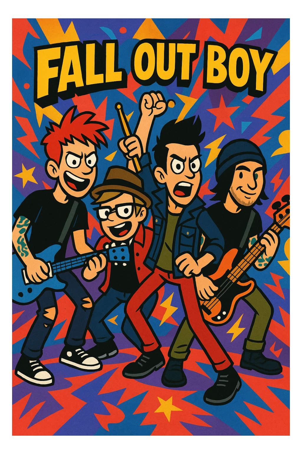 Fall Out Boy band in vibrant toon style, group pose, colorful and dynamic, pop-punk vibe sticker