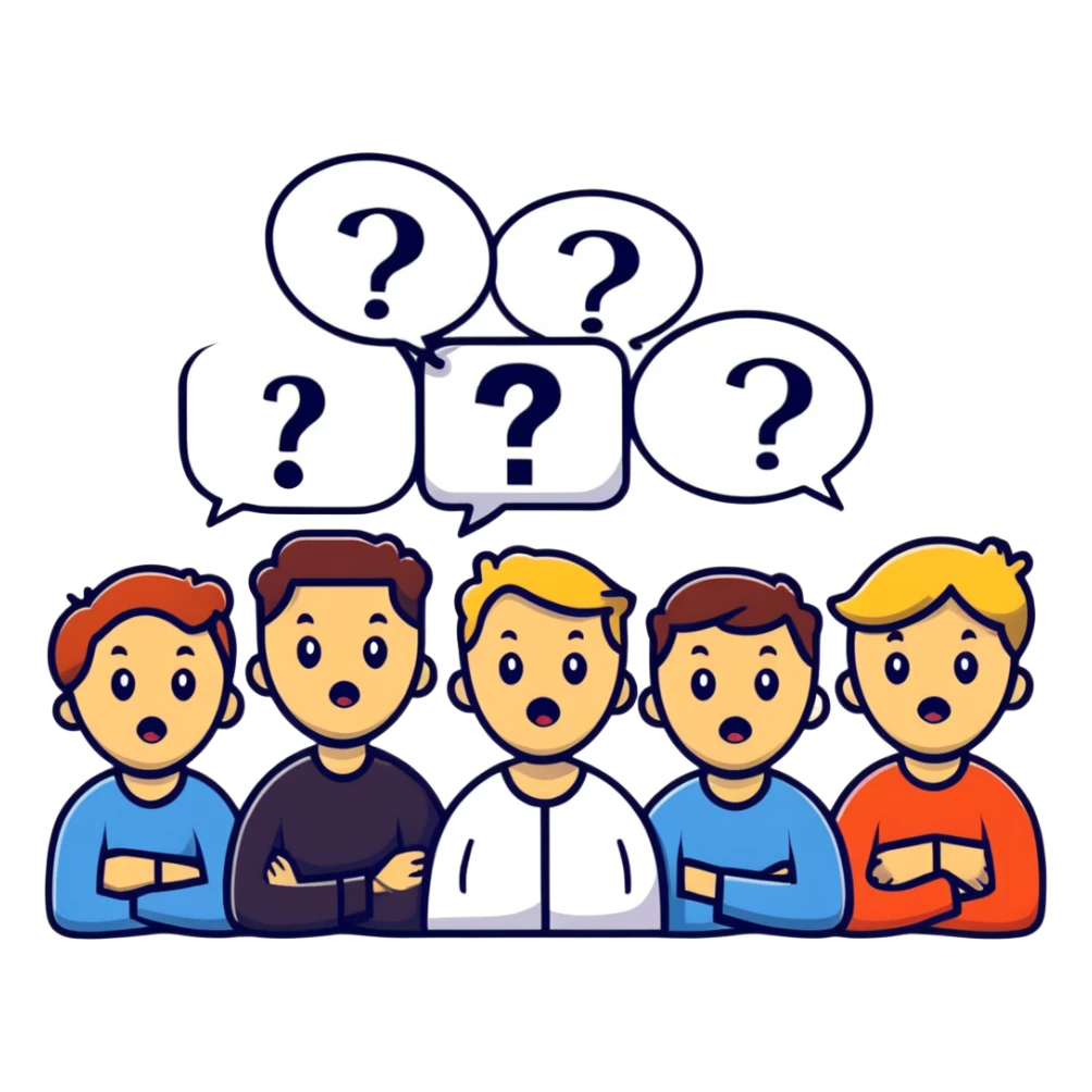 Team of people with bewildered expressions and question marks around them sticker
